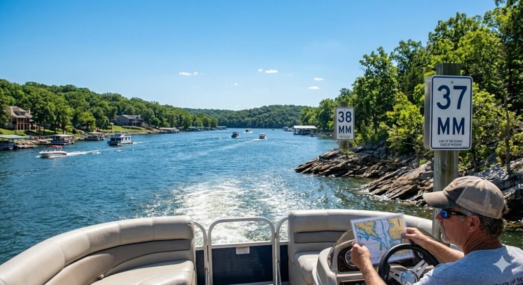 Boater navigating the main channel of Lake of the Ozarks using the mile marker system on a clear summer day