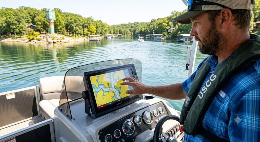 Boater using GPS chartplotter to navigate safely through a narrow arm at Lake of the Ozarks