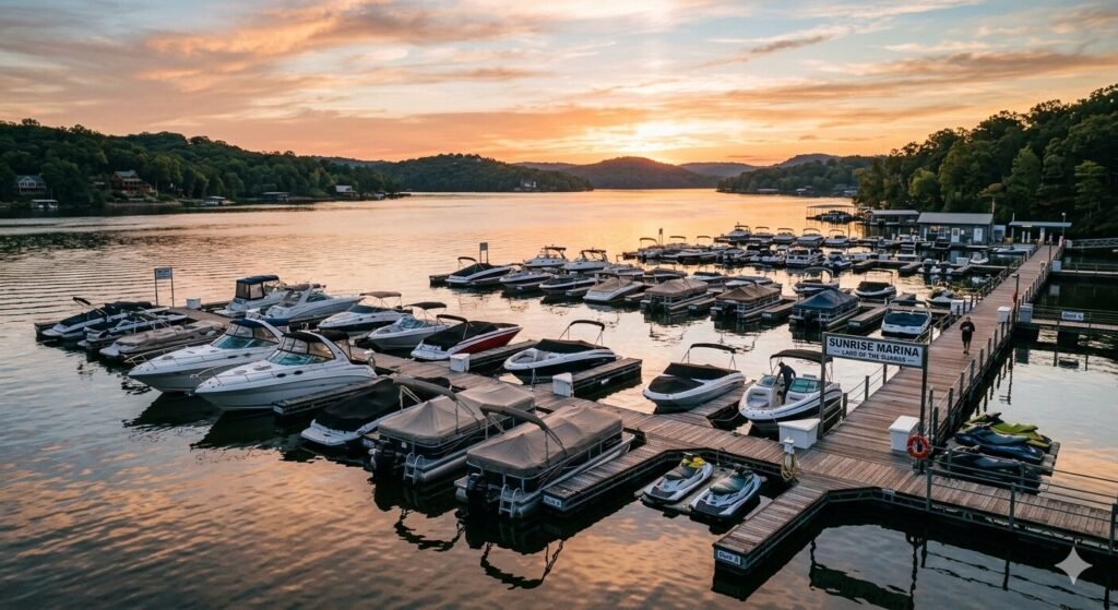 Boats available for rental at Lake of the Ozarks marina near Osage Beach Missouri
