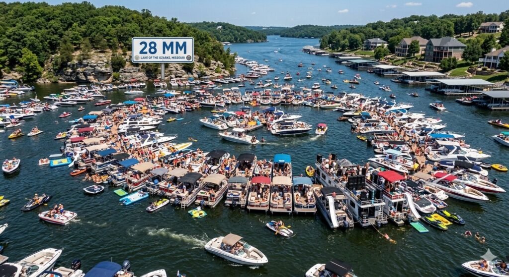 Boats gathered at Party Cove near Mile Marker 28 on Lake of the Ozarks Missouri on a busy summer weekend