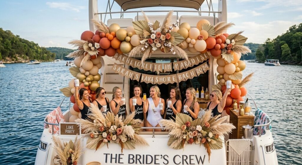 Boho garden themed bachelorette yacht with pampas grass and dried floral decorations on Lake of the Ozarks