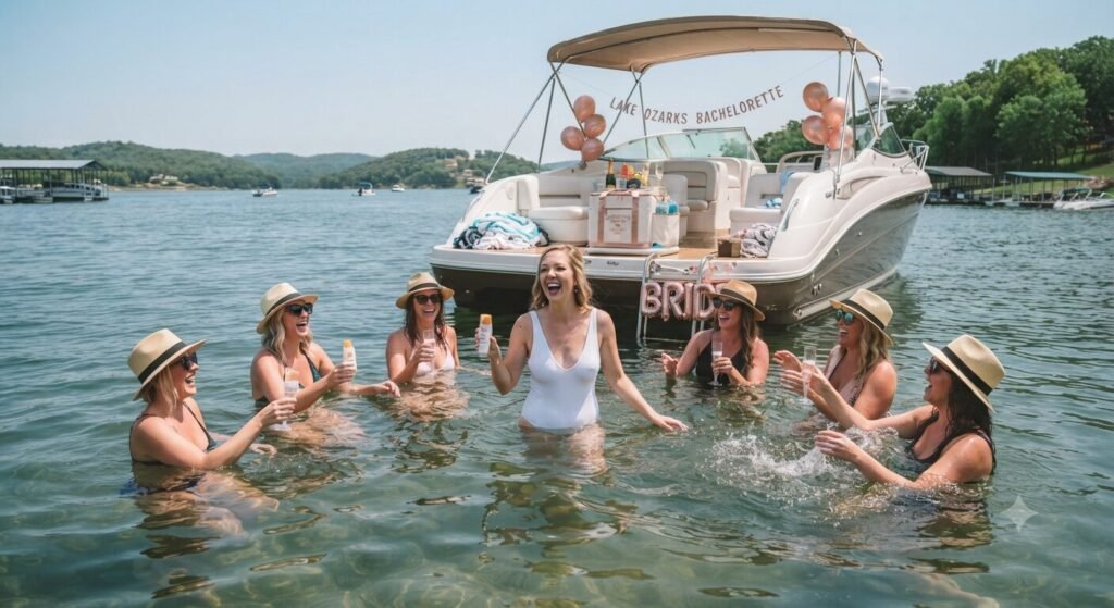 Bride and friends swimming during bachelorette charter on Lake Ozark