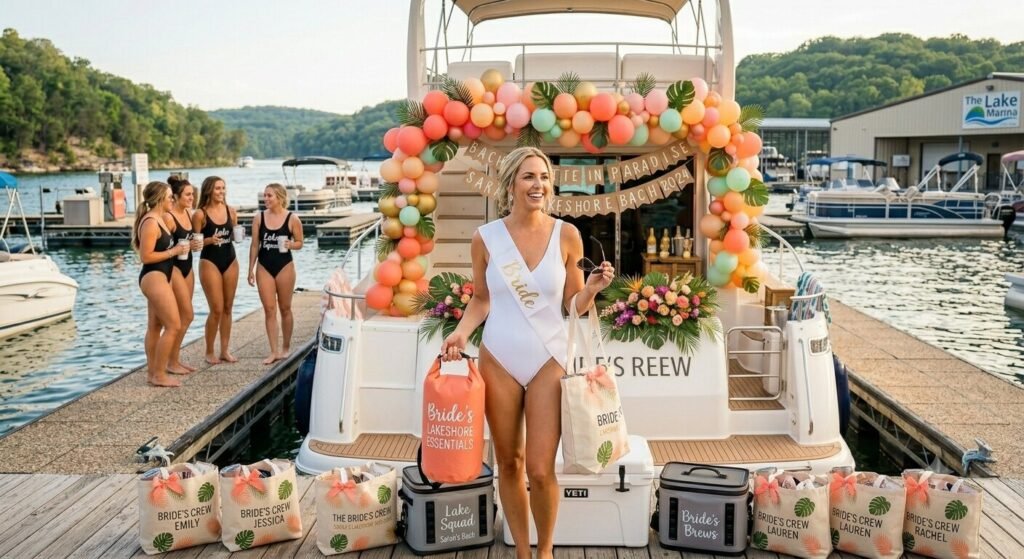 Bride in white swimsuit and sash holding dry bag and sunglasses on charter yacht deck at Lake of the Ozarks