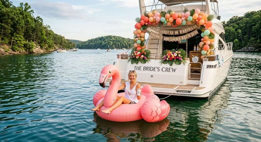 Bride posing on flamingo float beside decorated bachelorette charter yacht at Lake of the Ozarks