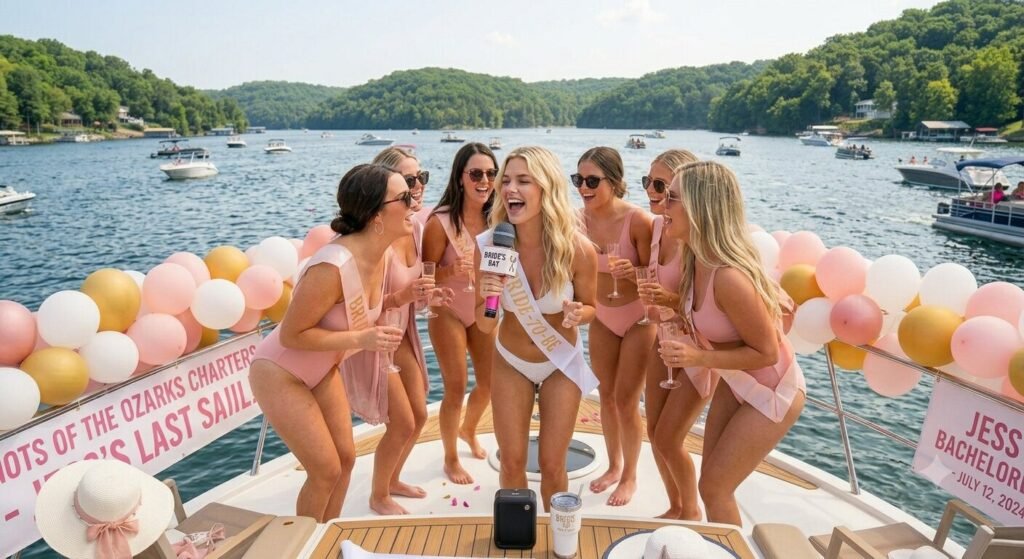 Bride to be singing along to music on a bachelorette boat cruise at Lake of the Ozarks