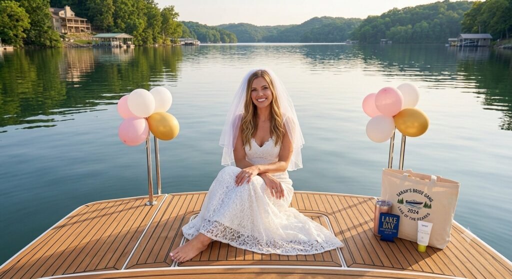 Bride wearing veil sitting on the swim platform of a yacht at Lake of the Ozarks with calm water behind her