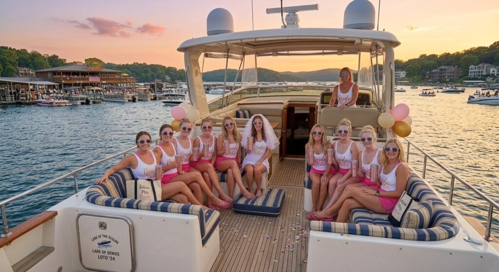 Budget bachelorette yacht cruise at sunset on Lake of the Ozarks with group of women celebrating on deck