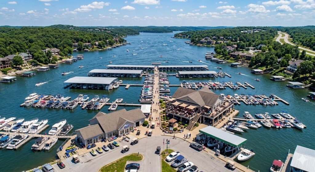 Busy commercial marina on Lake of the Ozarks with boats docked and boaters on the water