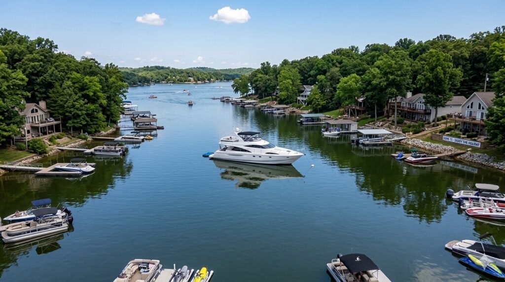 Calm cove at Lake of the Ozarks holiday weekend with yacht anchored in peaceful water