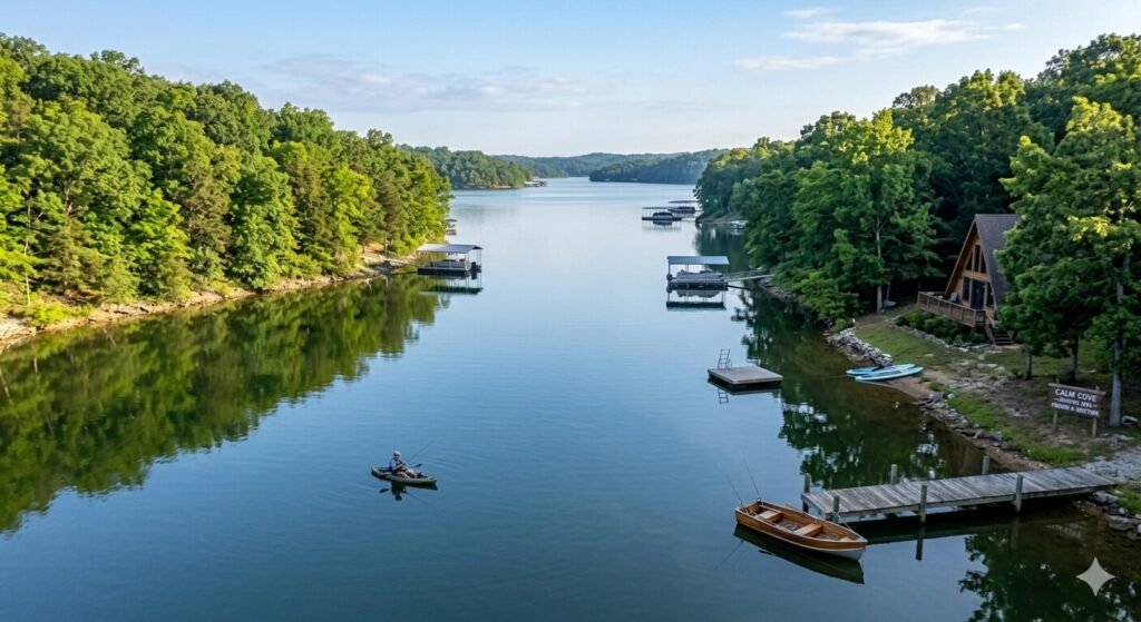 Calm cove on the Gravois Arm of Lake of the Ozarks ideal for fishing and