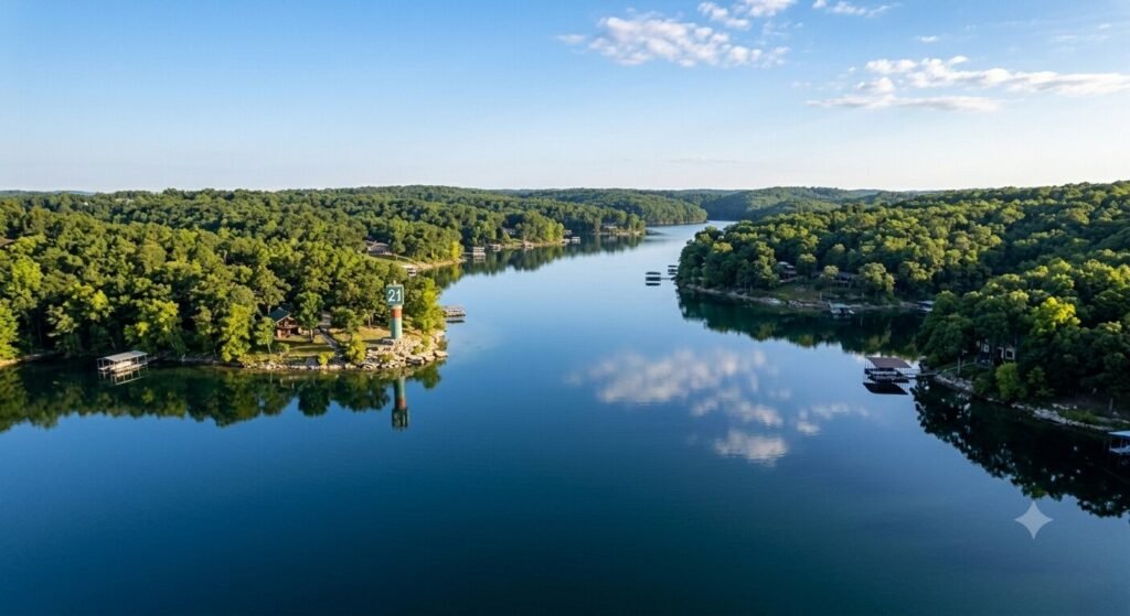 Calm tree-lined Big Niangua Arm at Lake of the Ozarks on a clear summer morning