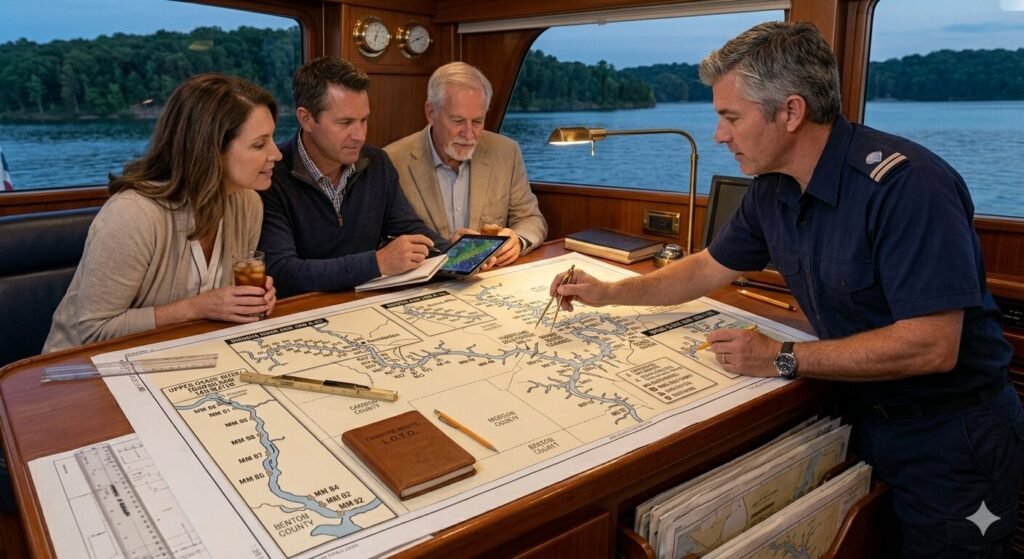 Captain and guests reviewing a Lake of the Ozarks map for private yacht charter route planning