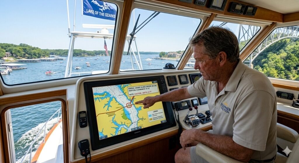 Captain checking marine GPS chart plotter for bridge clearance data on Lake of the Ozarks