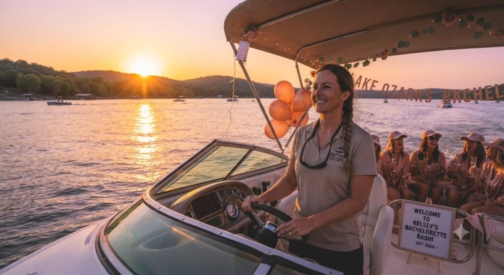 Captain steering bachelorette charter boat during sunset on Lake Ozark