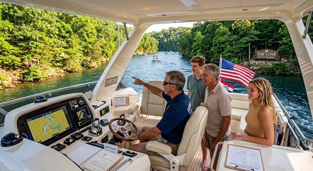 Charter captain guiding a private yacht through a scenic tree lined cove at Lake of the Ozarks Missouri