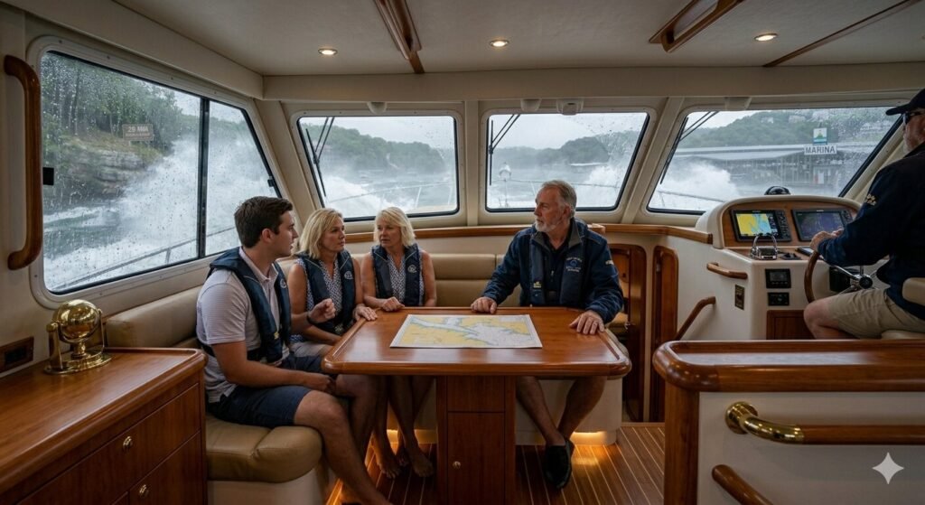 Charter guests seated safely inside cabin of a 50 foot yacht during rough water navigation on Lake of the Ozarks Missouri