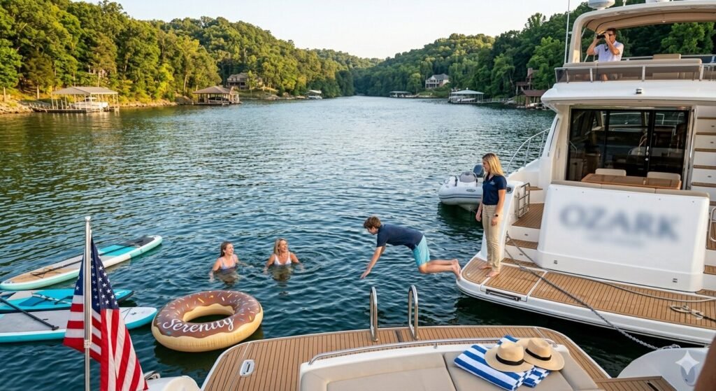 Charter guests swimming from an anchored luxury yacht in a cove at Lake of the Ozarks