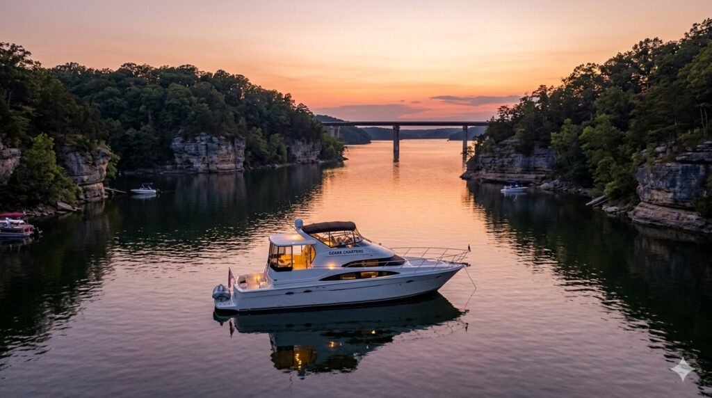 Charter yacht anchored in a scenic bluff cove near Hurricane Deck area of Lake of the Ozarks on a calm evening