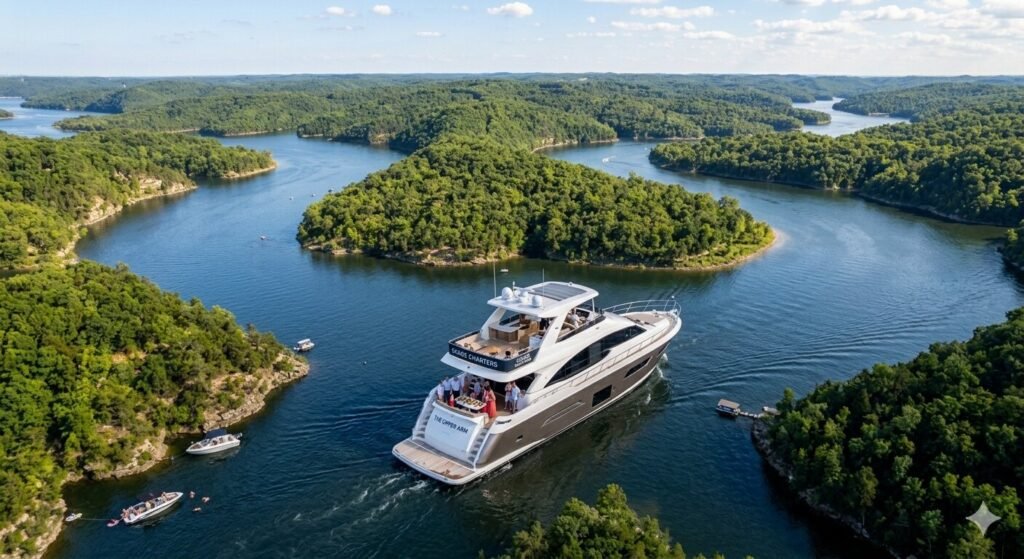 Charter yacht cruising the route to the Upper Osage Arm at Lake of the Ozarks