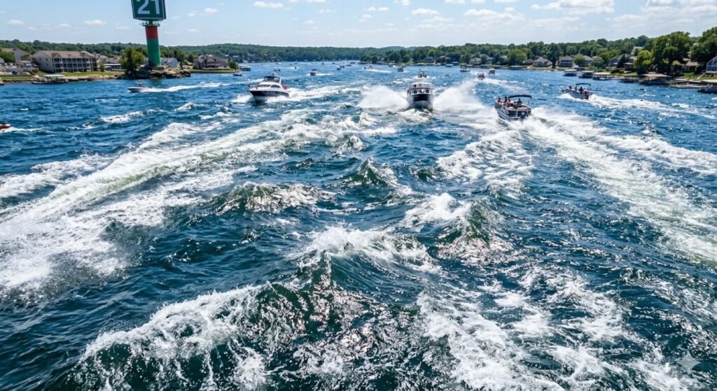 Choppy wave conditions on the main channel of Lake of the Ozarks near the 21 mile marker