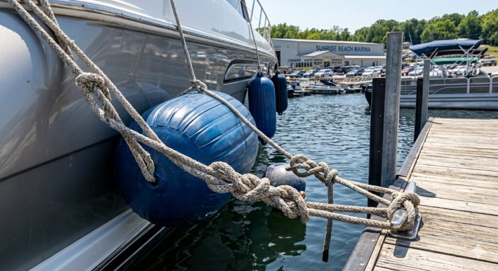 Close-up of dock lines and fenders securing a large cruiser yacht at a Lake of the Ozarks marina slip