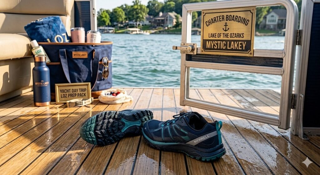 Close up of non slip water shoes on the wet deck of a luxury yacht at Lake of the Ozarks