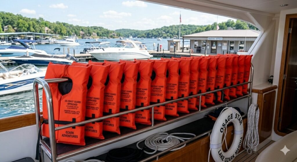Coast Guard approved life jackets for large group yacht charter at Lake of the Ozarks