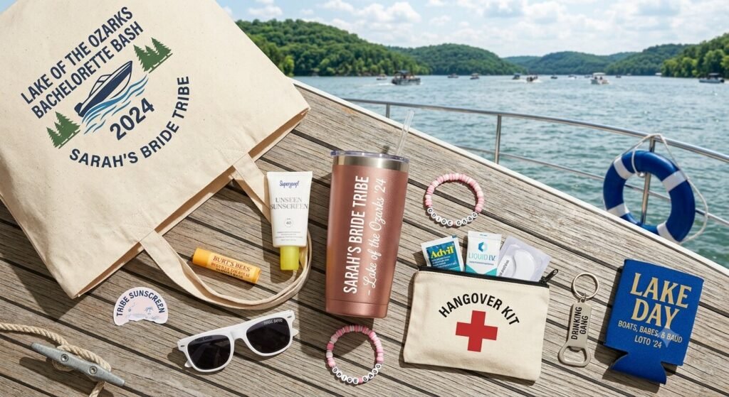 Contents of a bachelorette party favor bag for a summer lake cruise at Lake of the Ozarks including sunscreen lip balm and custom drinkware