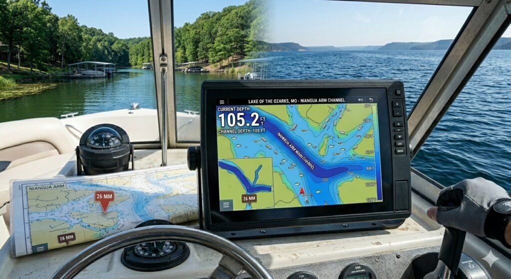 Contrast between shallow cove interior and deep main channel water visible from a boat on Lake of the Ozarks