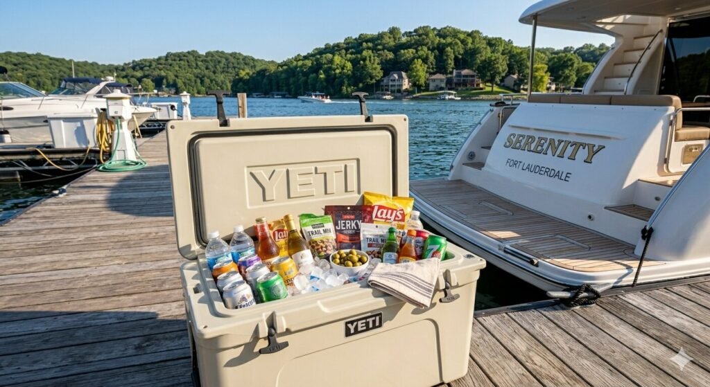 Cooler with food and drinks for a private boat charter at Lake Ozark