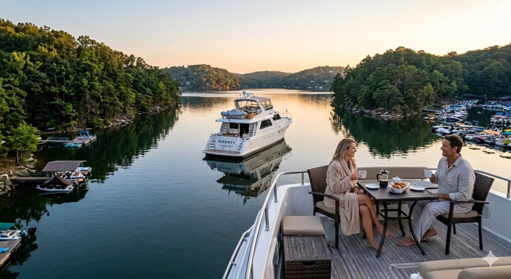Couple enjoying morning coffee on a yacht anchored overnight at Lake of the Ozarks