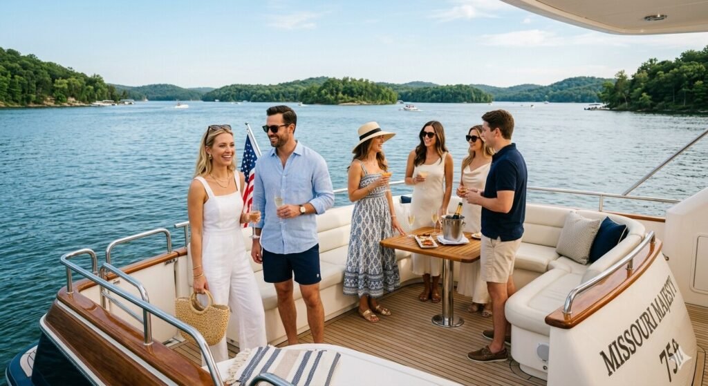 Couple wearing boat shoes and linen outfits on a luxury yacht charter at Lake of the Ozarks Missouri