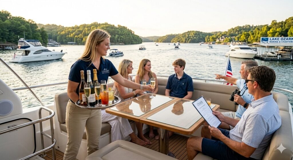 Crew member serving beverages to guests on a private crewed yacht charter at Lake of the Ozarks
