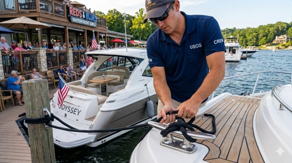 Crew securing dock lines on yacht at lakefront restaurant Lake of the Ozarks