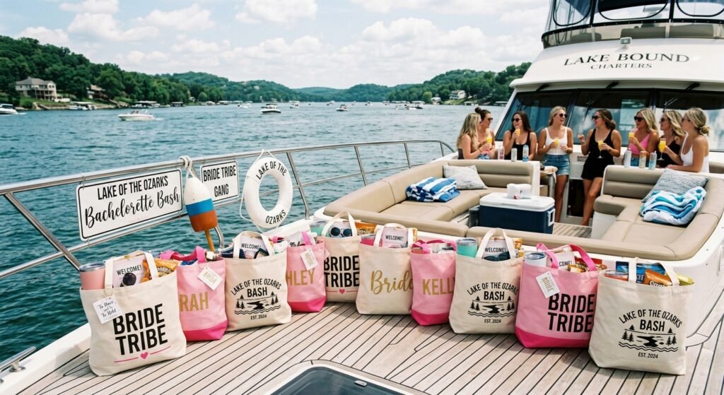 Custom bachelorette party favor bags lined up on a charter boat deck at Lake of the Ozarks Missouri