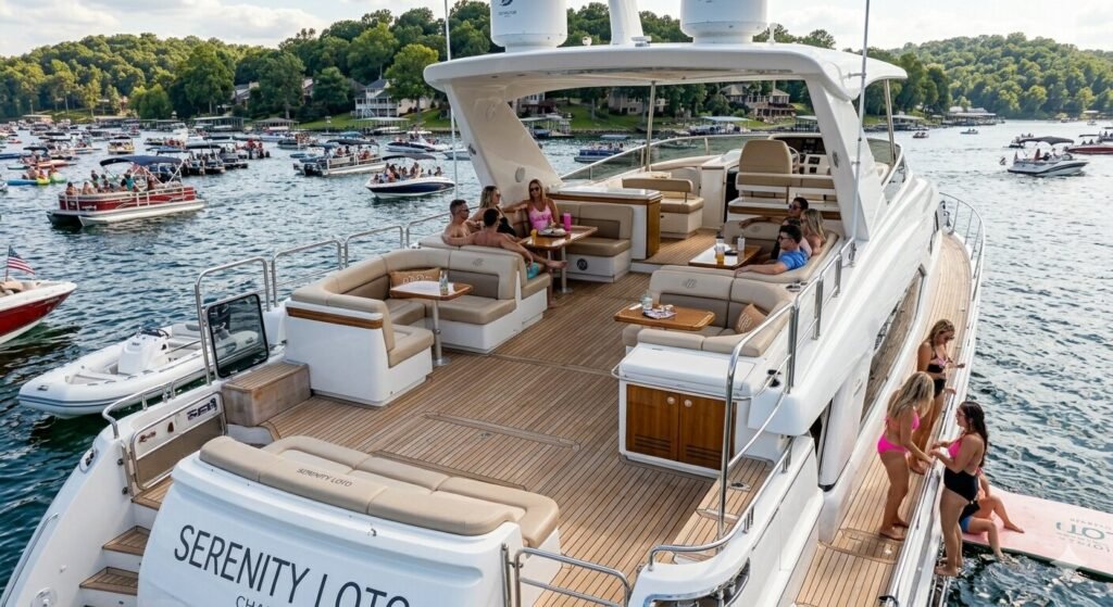 Deck space and seating on large group boat charter at Lake of the Ozarks