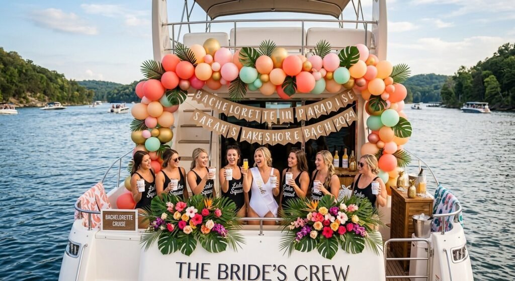 Decorated bachelorette yacht at Lake of the Ozarks with tropical theme balloon garlands and custom banner on stern railing