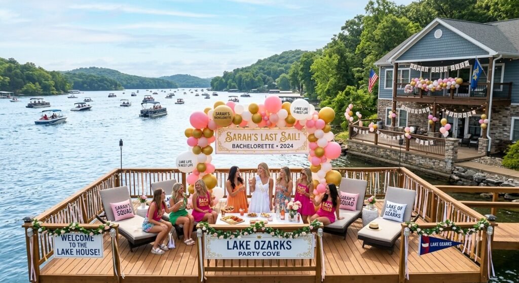 Decorated lake house with bachelorette party banners and balloons on private dock overlooking Lake of the Ozarks