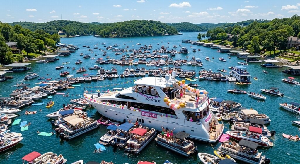 Decorated private yacht charter anchored near Party Cove at Lake of the Ozarks during bachelorette celebration