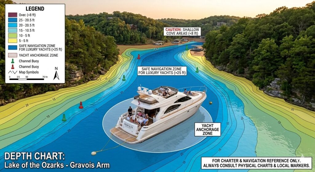 Depth chart of Lake of the Ozarks showing safe navigation zones for luxury yachts