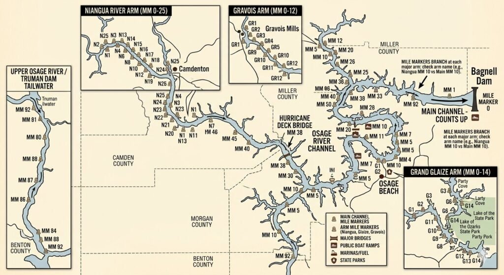 Detailed map of Lake of the Ozarks showing mile markers from Bagnell Dam to the upper arms