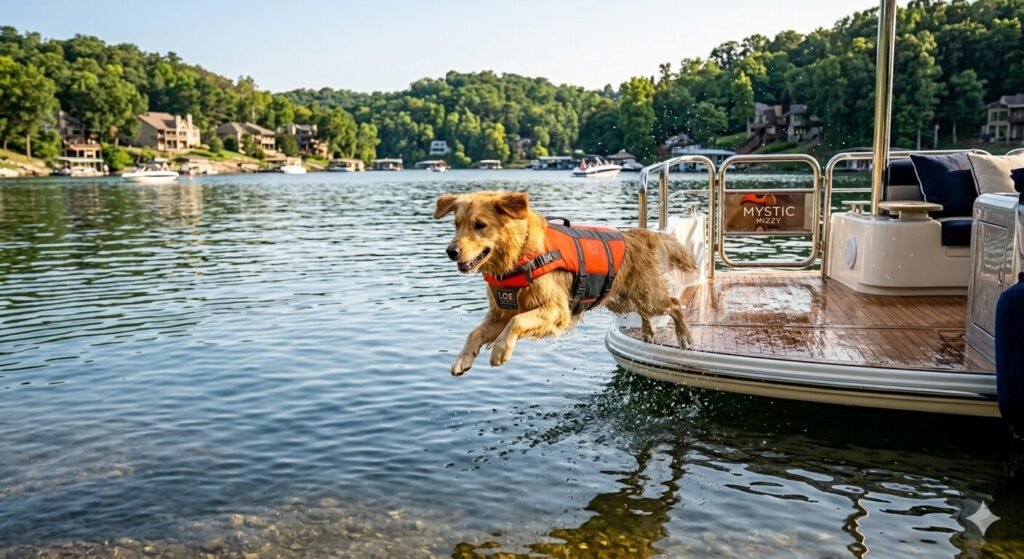 Dog jumping into the water from an anchored yacht in a calm cove at Lake of the Ozarks Missouri