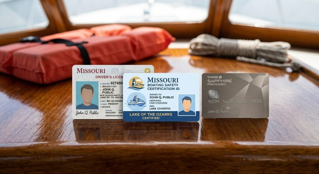 Driver's license and Missouri boating safety card placed on a boat dashboard before rental check in