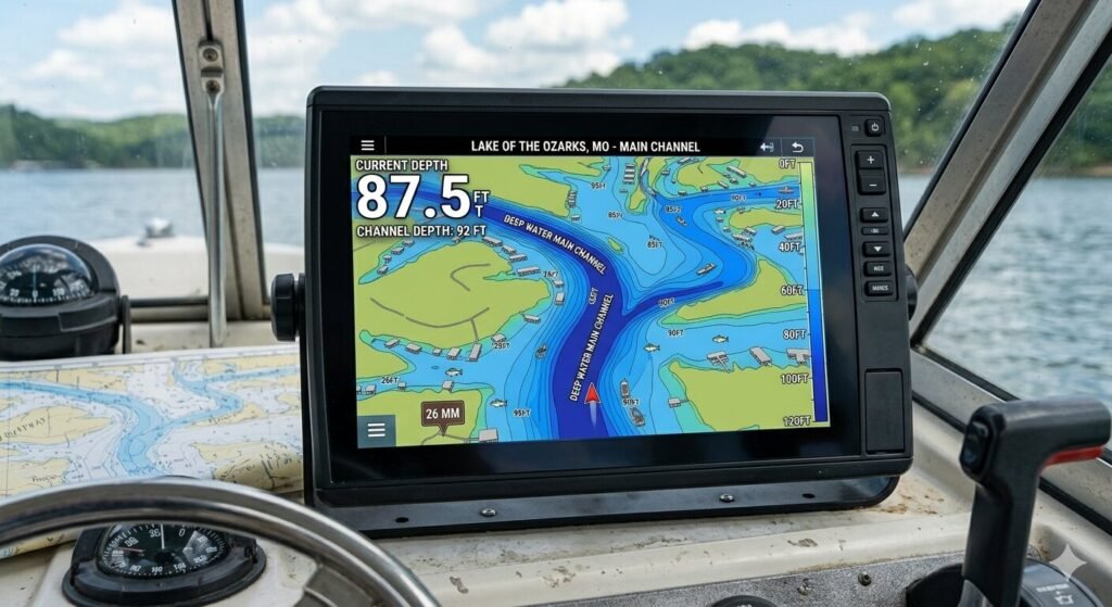 Electronic depth finder display showing deep water channel reading while navigating Lake of the Ozarks by boat