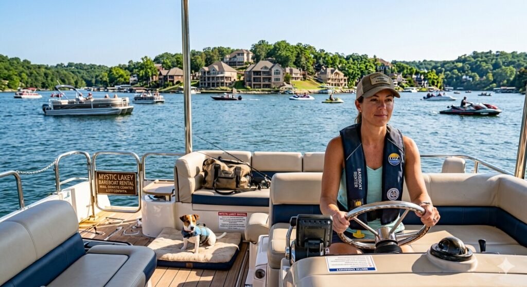 Experienced boater operating a bareboat rental vessel independently on Lake of the Ozarks Missouri