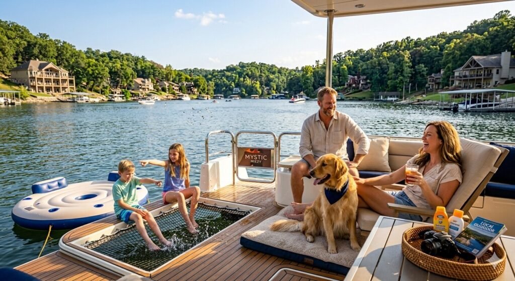 Family and their pet dog enjoying a sunny day on a private yacht rental at Lake of the Ozarks