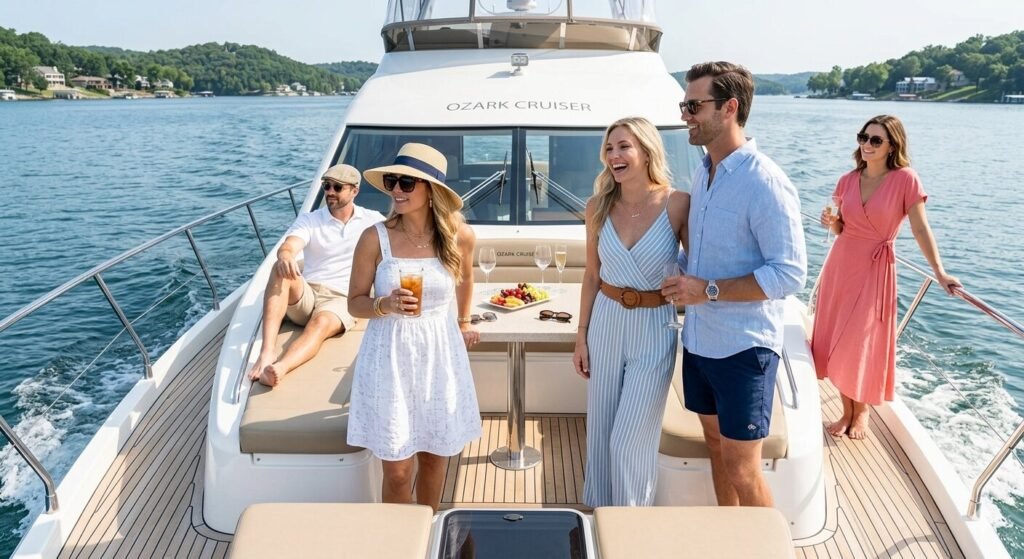 Family dressed in swimwear and cover-ups on a private yacht charter near Bagnell Dam Lake of the Ozarks