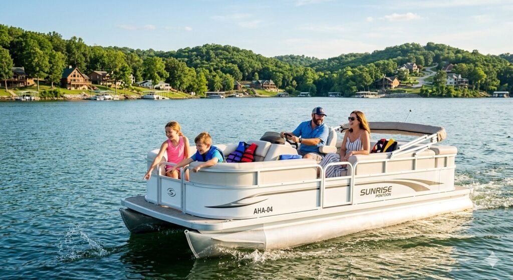 Family enjoying a pontoon boat rental at Lake of the Ozarks on a clear summer day
