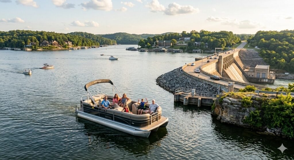 Family enjoying a pontoon boat rental near Bagnell Dam at Lake of the Ozarks Missouri