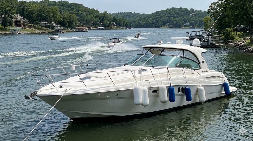 Fenders deployed on both sides of an anchored luxury yacht protecting against wake damage at Lake of the Ozarks Missouri